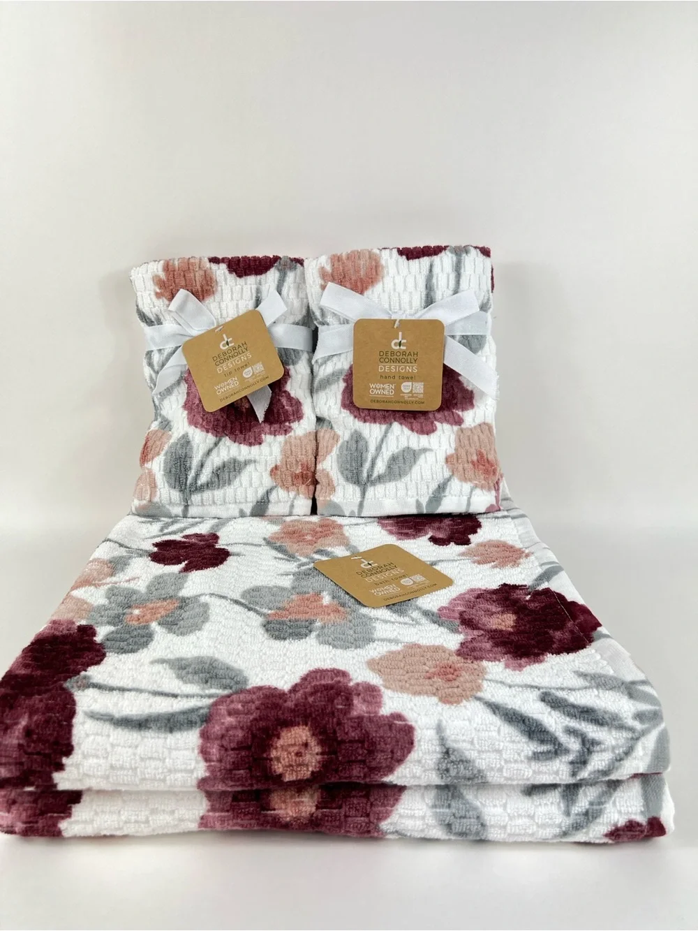 Deborah Connolly Bath Towel Set Burgundy Gray White Floral Extra Soft 6 Pc NEW